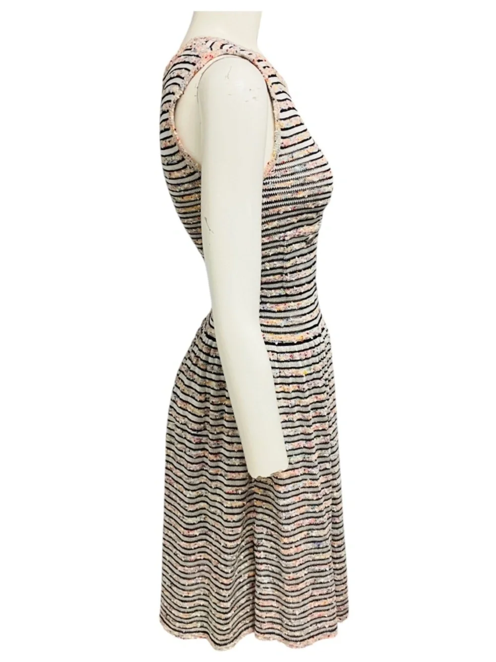 CHANEL MULTICOLOR STRIPED KNIT SLEEVELESS FLARED DRESS WITH CC LOGO BUTTONS